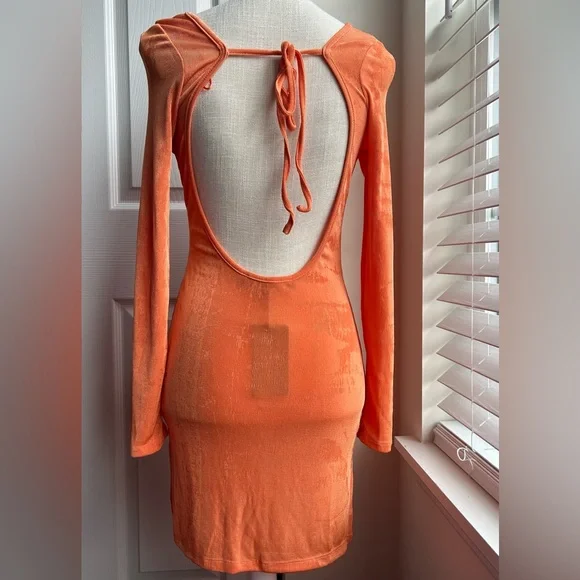 Lioness Montana Shimmer Orange Open Back Long Sleeve Mini Dress - Picture 8 of 9
